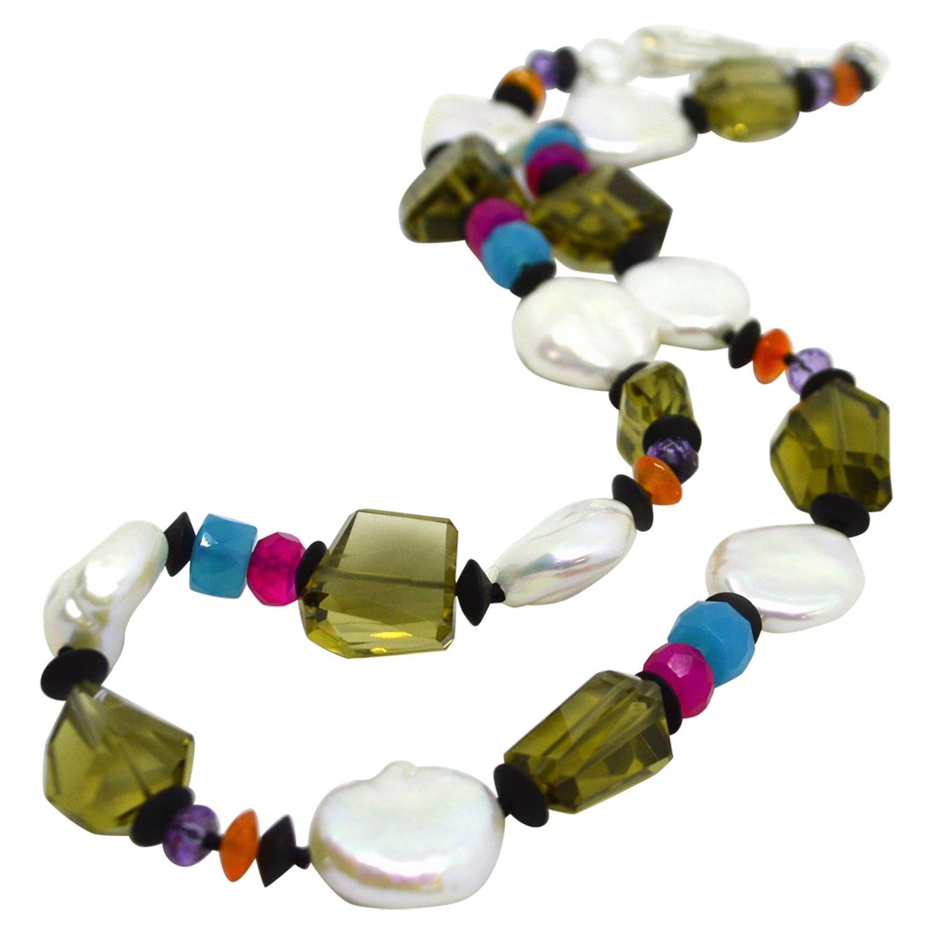 Fresh Water Pearl, Amethyst, Chalcedony, Carnelian, Olive Quartz Silver Necklace For Sale