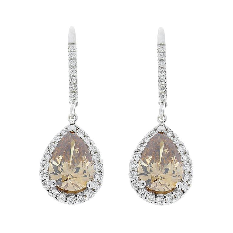 4.00 Carat Total Pear Shaped Fancy Brown Diamond Earrings in 18 Karat White Gold