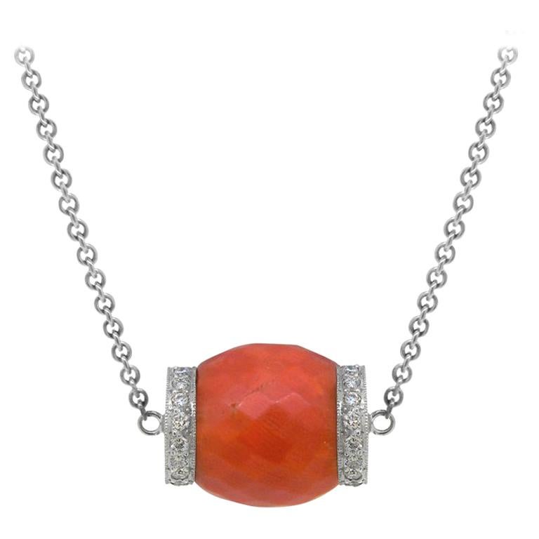 Antique Faceted Coral Bead and Diamond Pendant Set in 18 Karat White Gold For Sale
