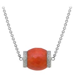 Antique Faceted Coral Bead and Diamond Pendant Set in 18 Karat White Gold