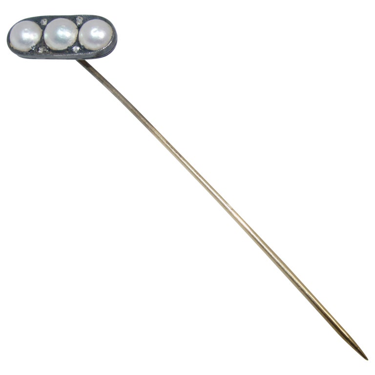 Antique Natural Pearl and Rose Diamond Stick Pin, circa 1860 For Sale