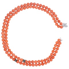Genuine Salmon Coral Bead and Diamond Knotted String Double-Strand Gold Necklace