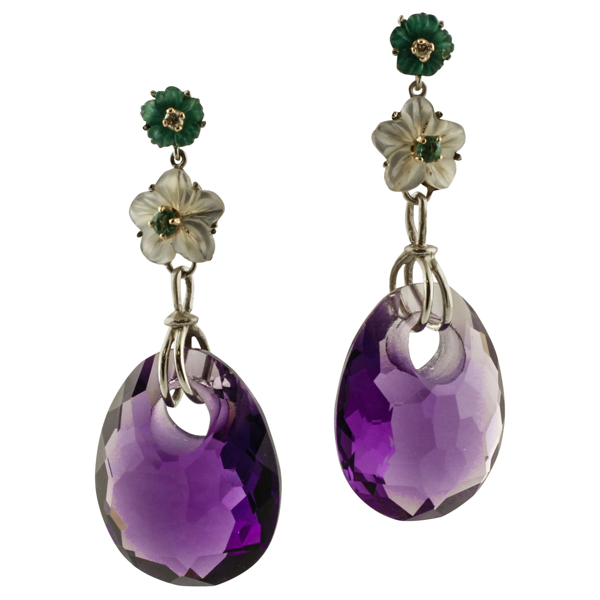 Amethysts, White Stones, Emeralds, Diamonds White Gold Drop Earrings For Sale