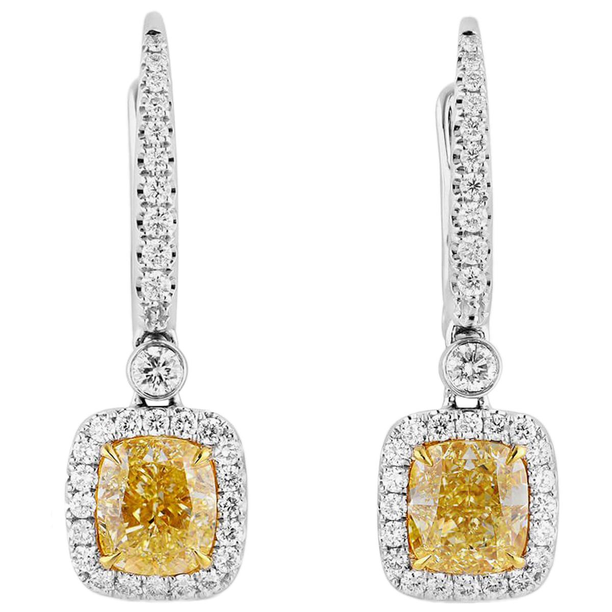 GIA 3.37 Carat Fancy Light Yellow Diamond 18 Karat White Gold Drop Earrings  For Sale