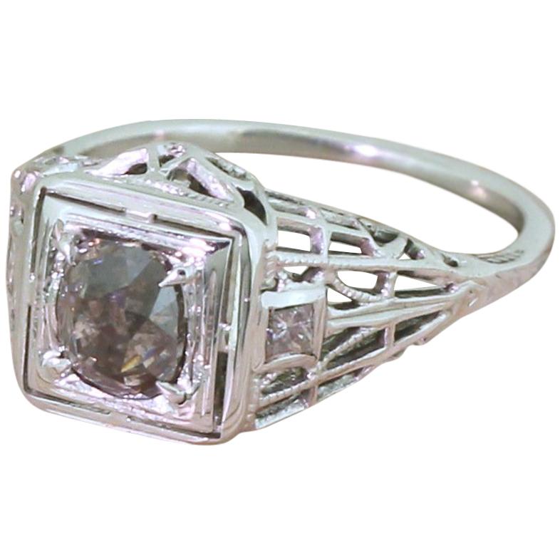 Midcentury 0.75 Carat Fancy Dark Pinkish Brown Old Cut Diamond Ring, circa 1960 For Sale