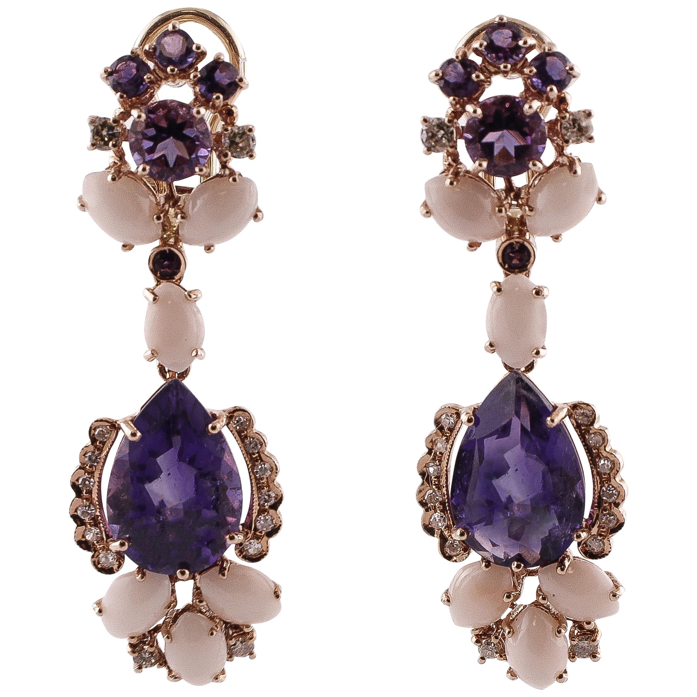 Diamonds, Amethysts, Pink Coral, 14K Rose Gold Clip-on Earrings