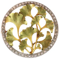 Antique Utmost Charming Art Nouveau Brooch with Diamonds and Ginkgo Biloba Leaves