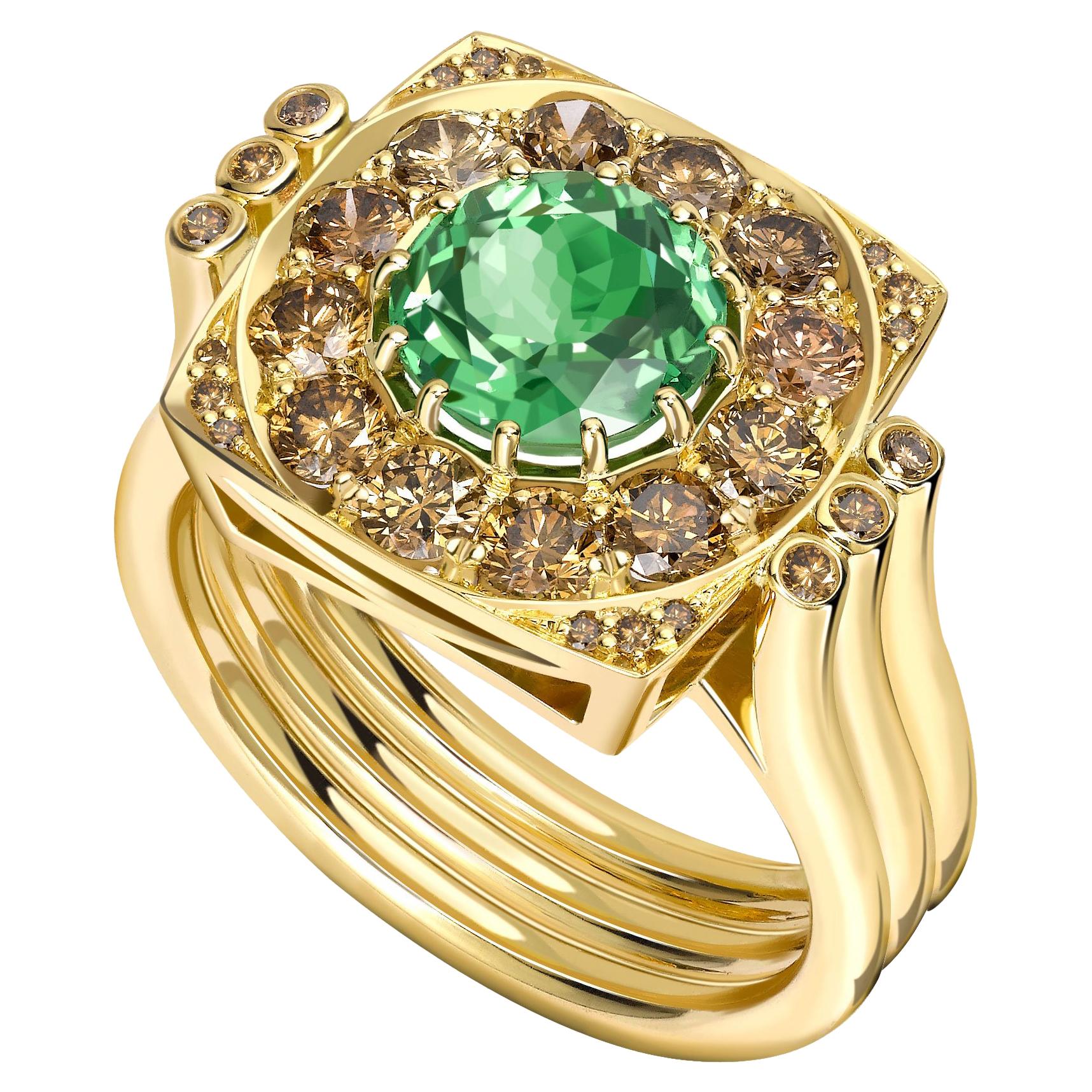 Ana de Costa Green Round Tsavorite Cognac Diamond Yellow Gold Cocktail Ring For Sale