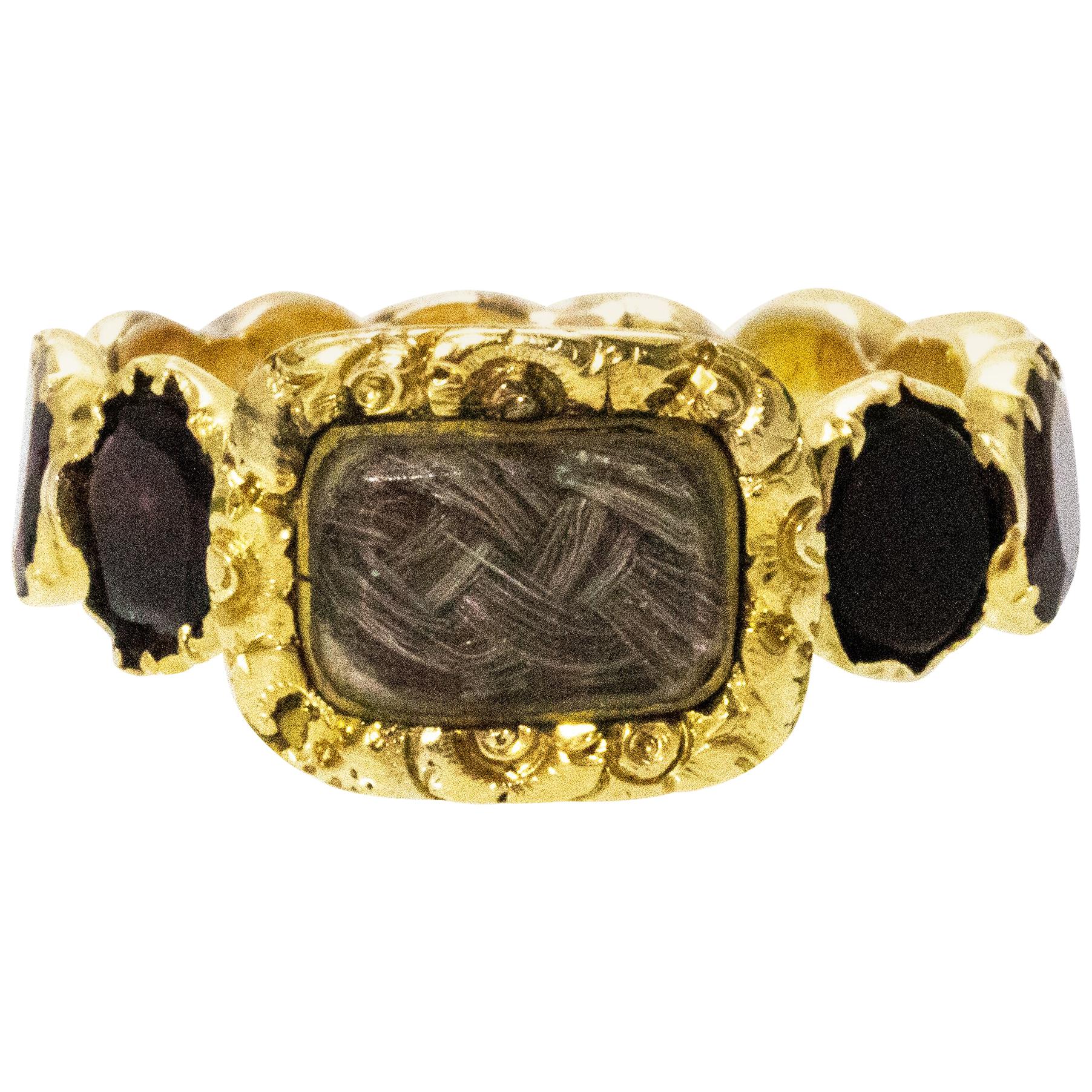 Georgian Flat Cut Garnet Eternity 15 Carat Gold Mourning Ring