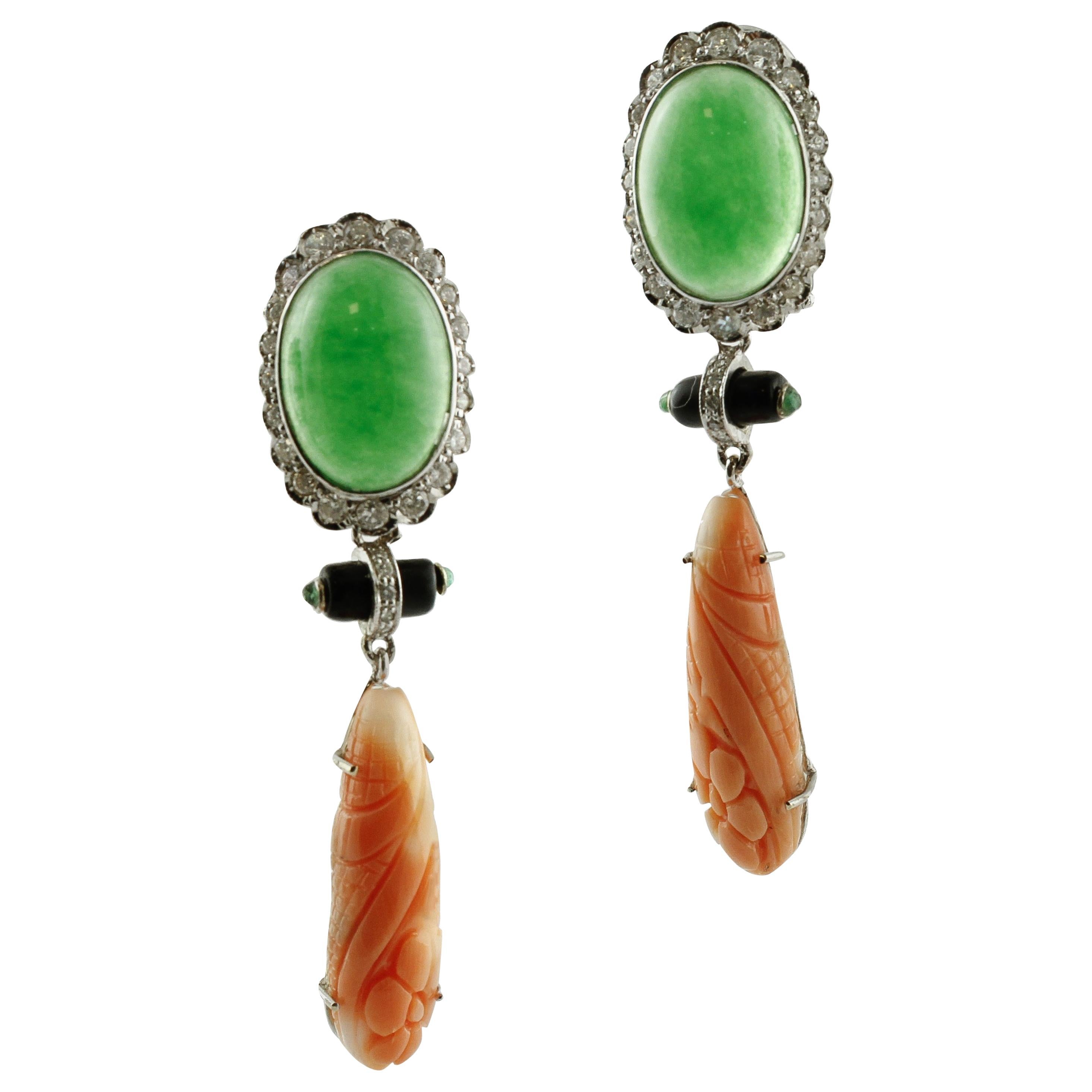 Diamonds, Emeralds, Onyx, Jade, Orange Engraved Coral , Gold Earrings