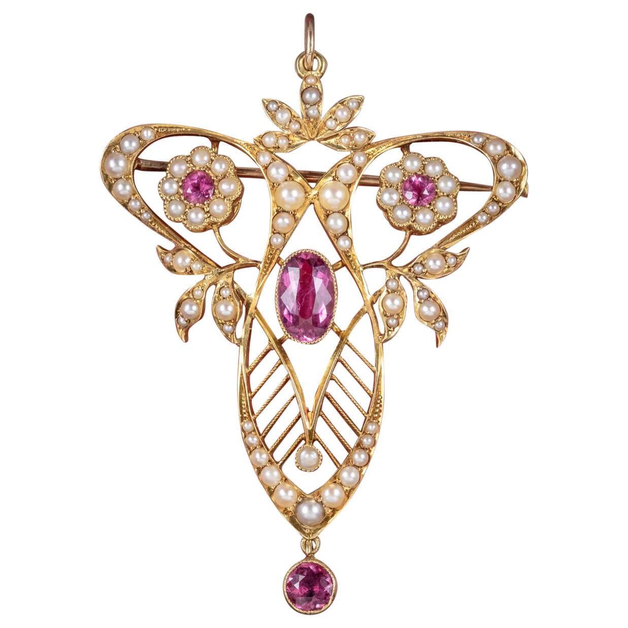 Antique Victorian 15 Carat Gold Pink Tourmaline Pearl circa 1900 Pendant Brooch