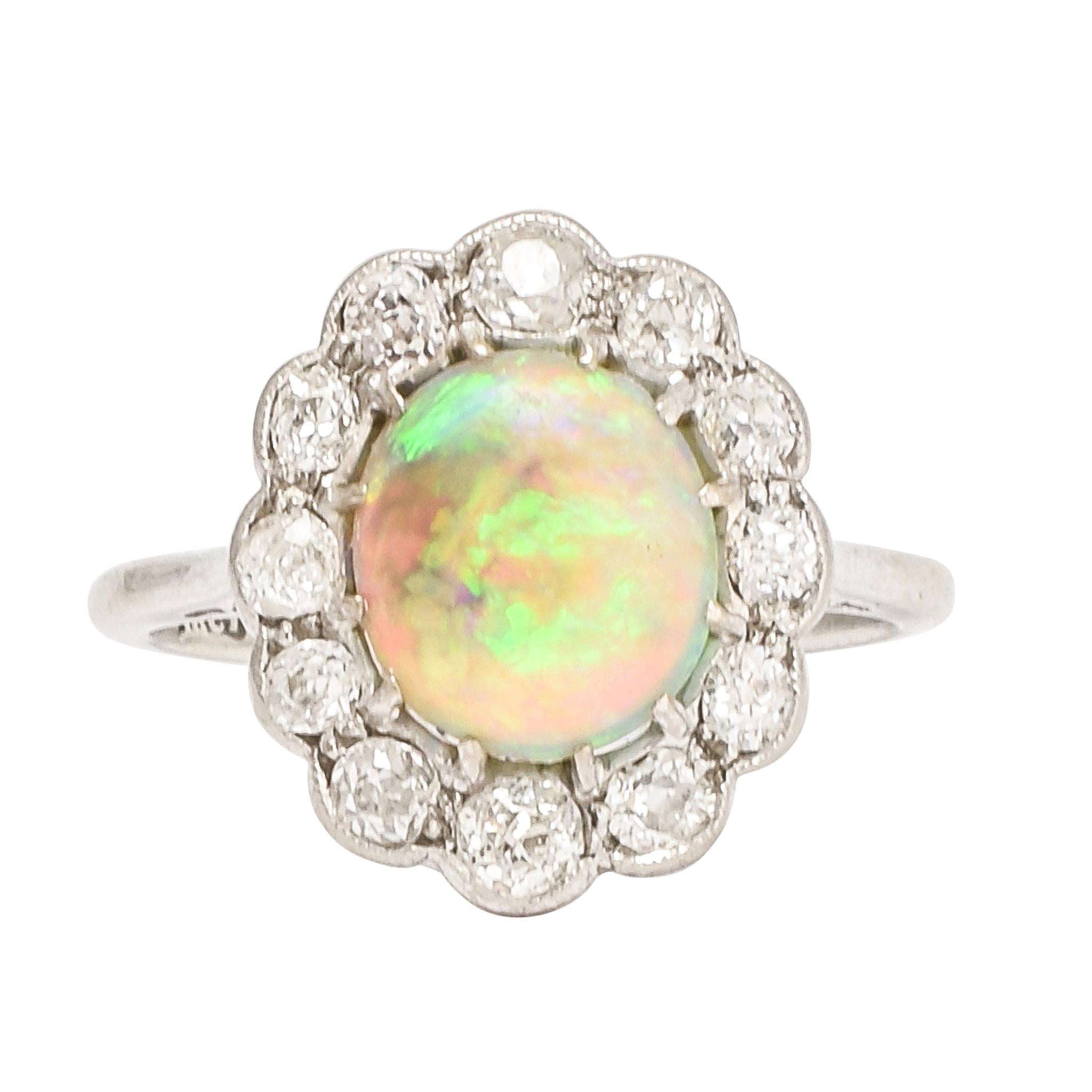 Antique Edwardian Opal Old Cut Diamond Cluster Ring