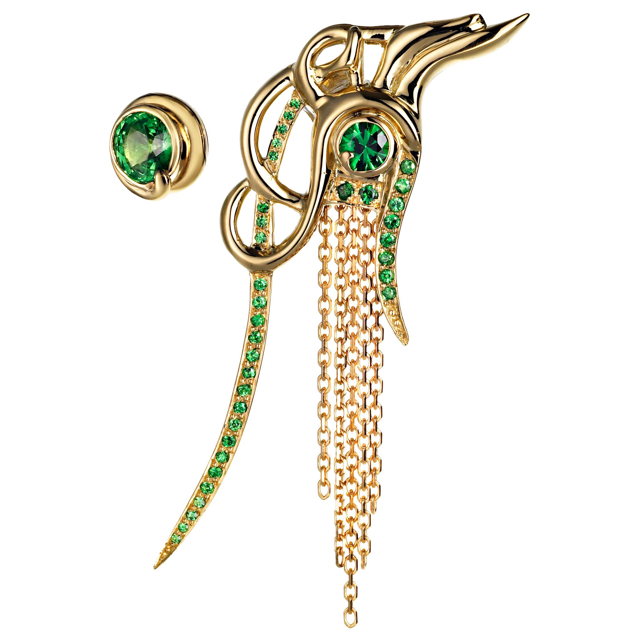 Ana de Costa Yellow Gold Round Green Tsavorite Asymmetric Drop Chain Earrings For Sale