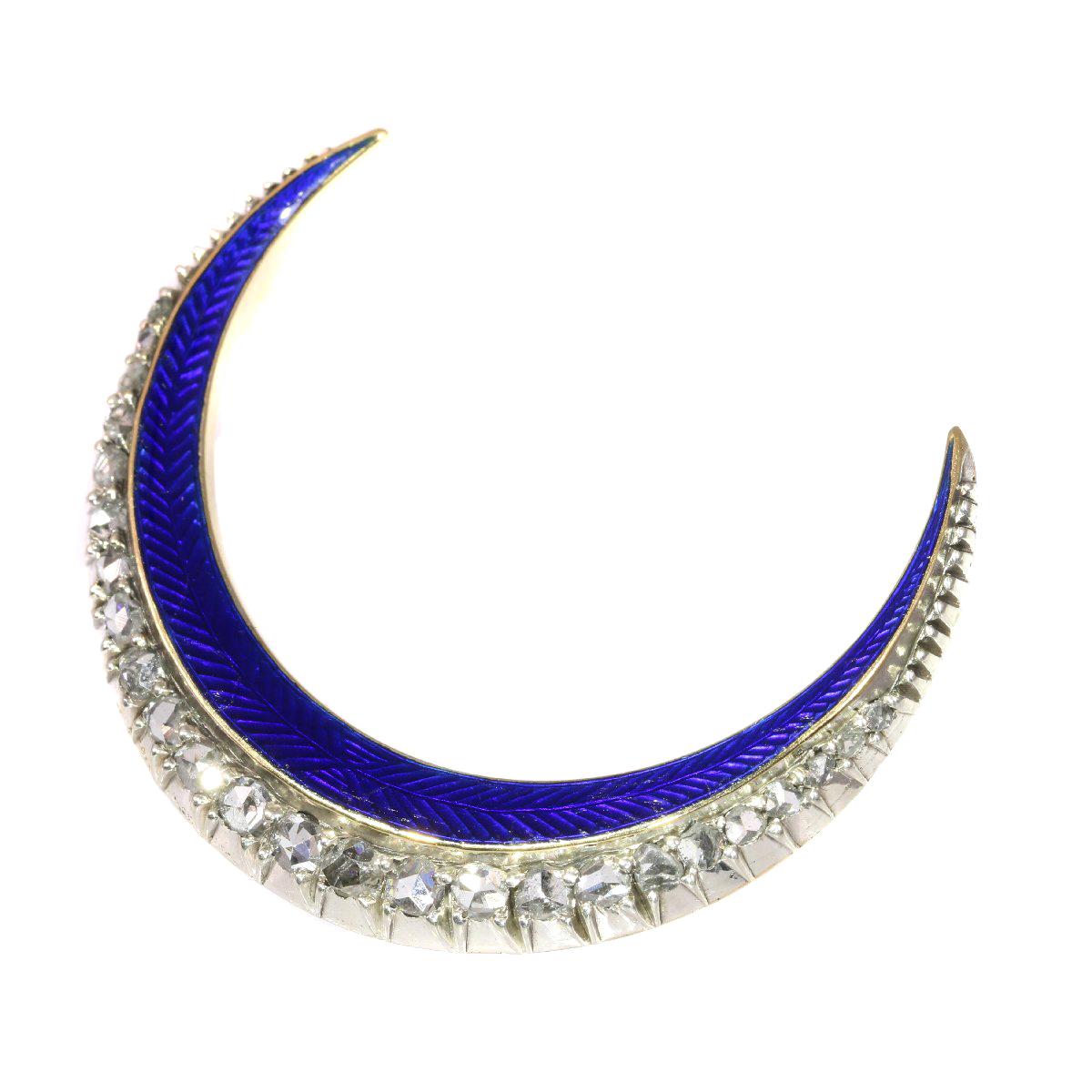 Victorian Brooch Crescent Moon with Blue Enamel and Rose Cut Diamonds