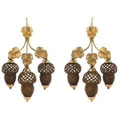 19th Century Yellow Gold Hair Leaves Glans Drop Earrings
