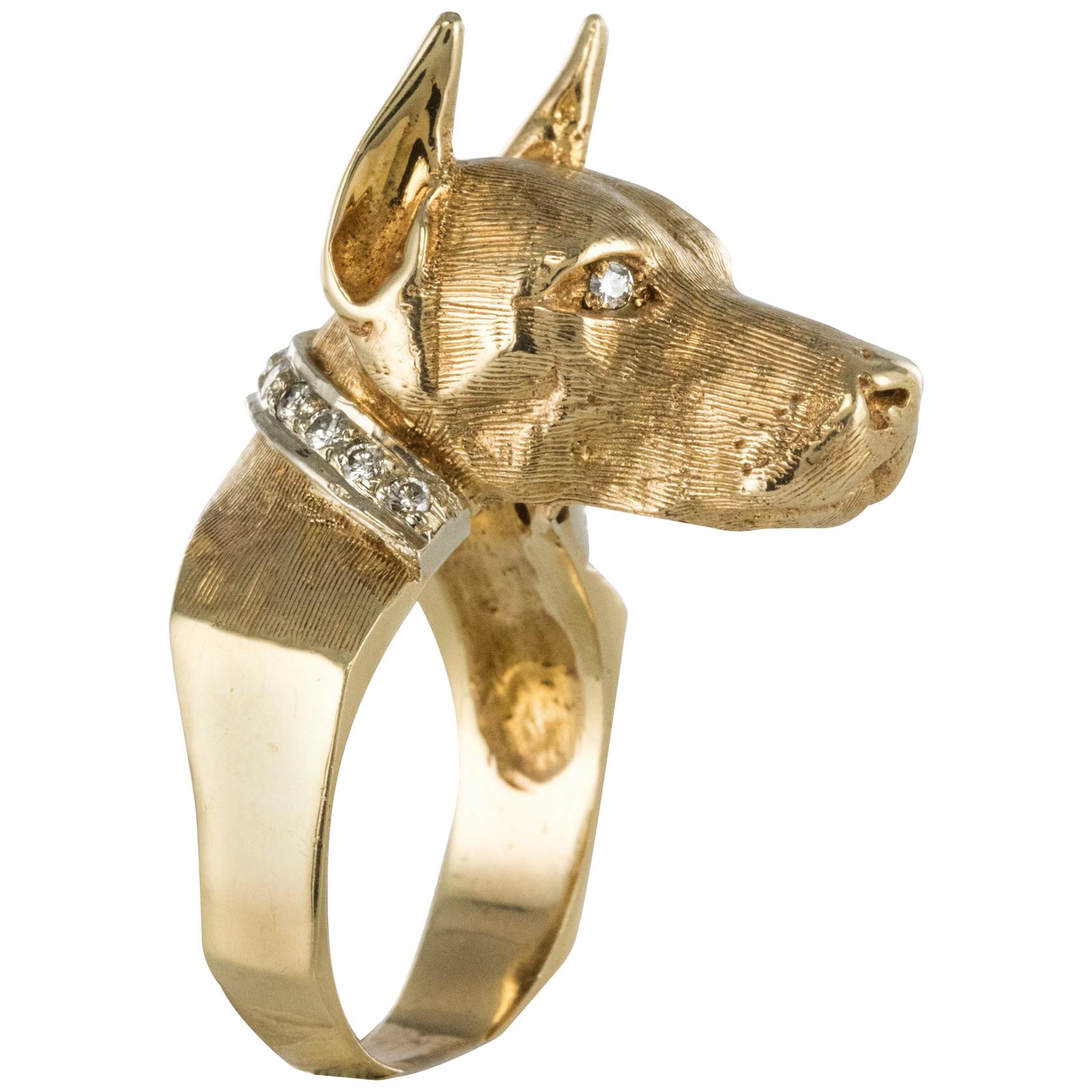 1960s Diamonds 14 Karat Yellow Gold Retro Dog-Shaped Ring