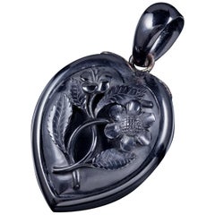 Antique Victorian Whitby Jet Floral Heart Pendant, circa 1900