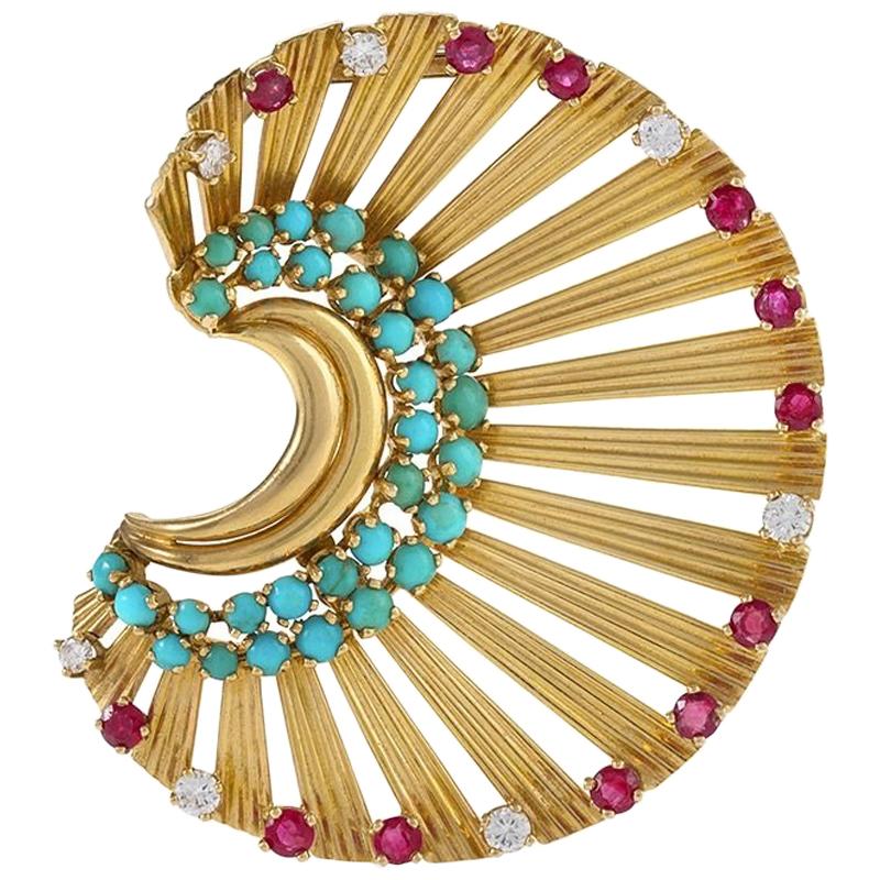 French Gold Brooch with Turquoise, Diamond and Ruby by Janca For Sale