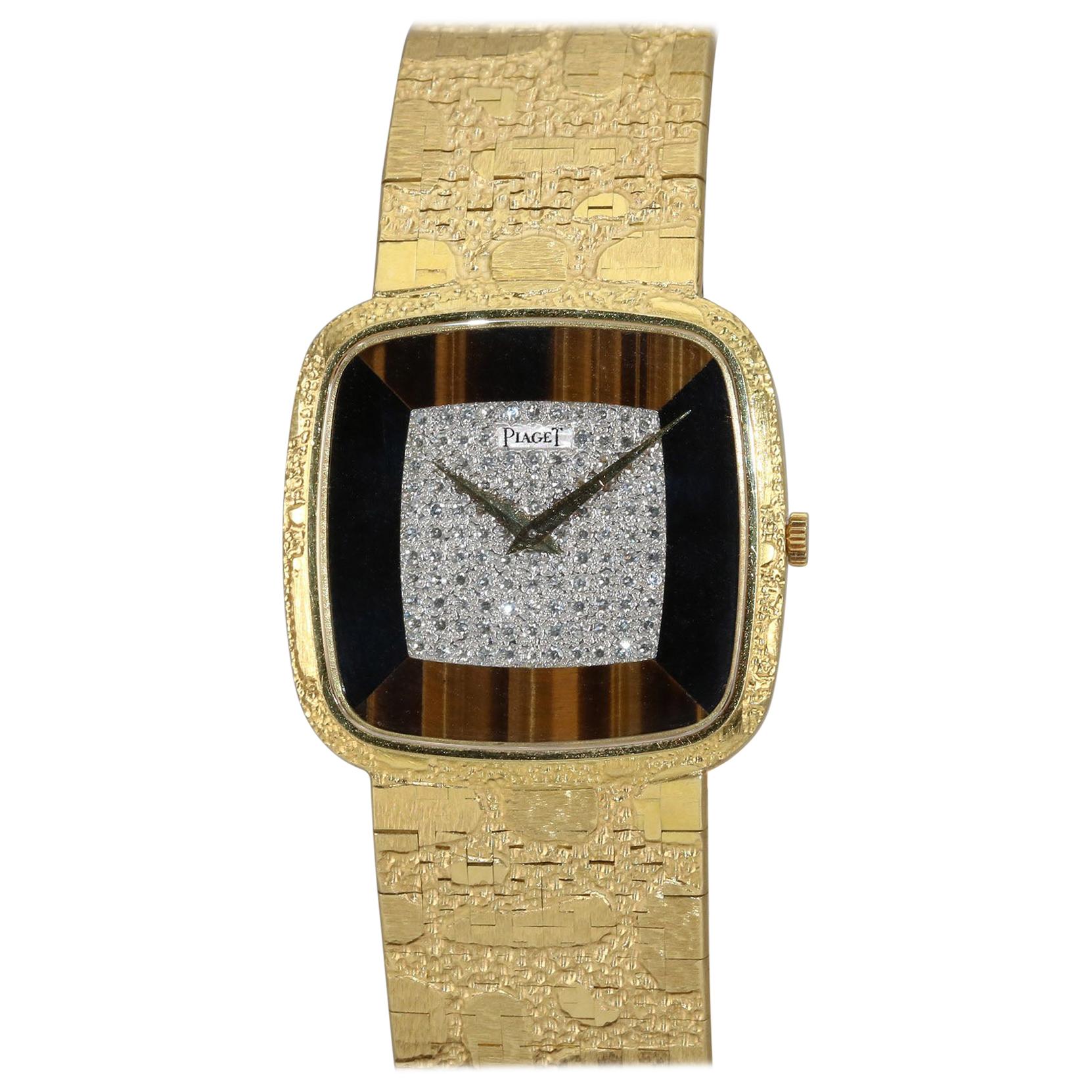 Vintage Piaget Diamond, Tiger’s Eye and Onyx Yellow Gold Wristwatch