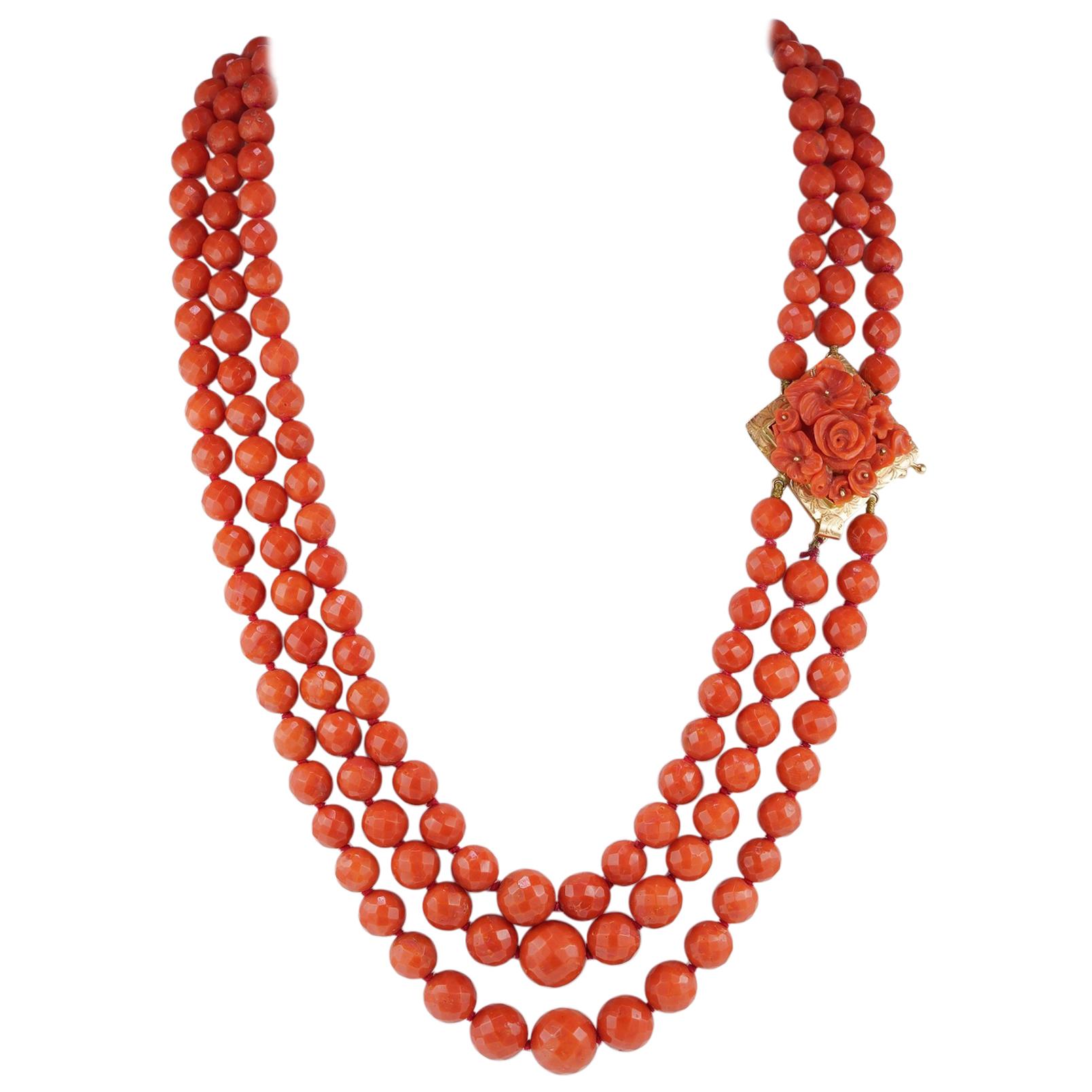 Magnificent Triple Strand Natural Mediterranean Coral Necklace For Sale