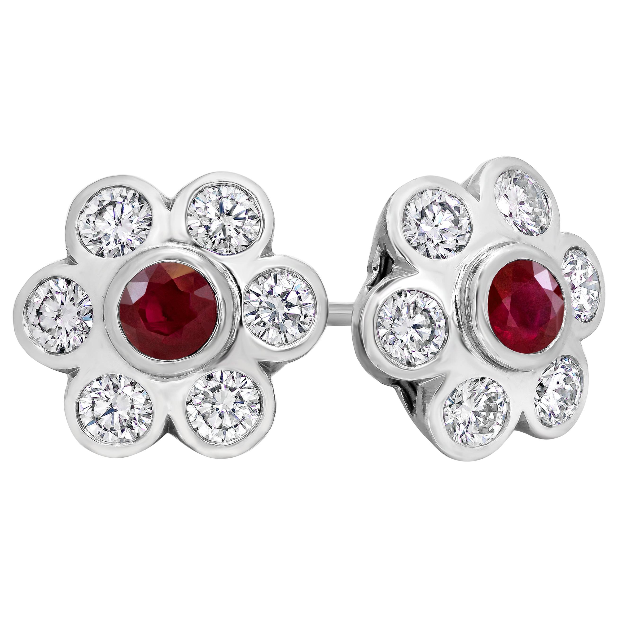 Roman Malakov 2.07 Carats Total Ruby and Diamond Flower Earrings in White Gold For Sale