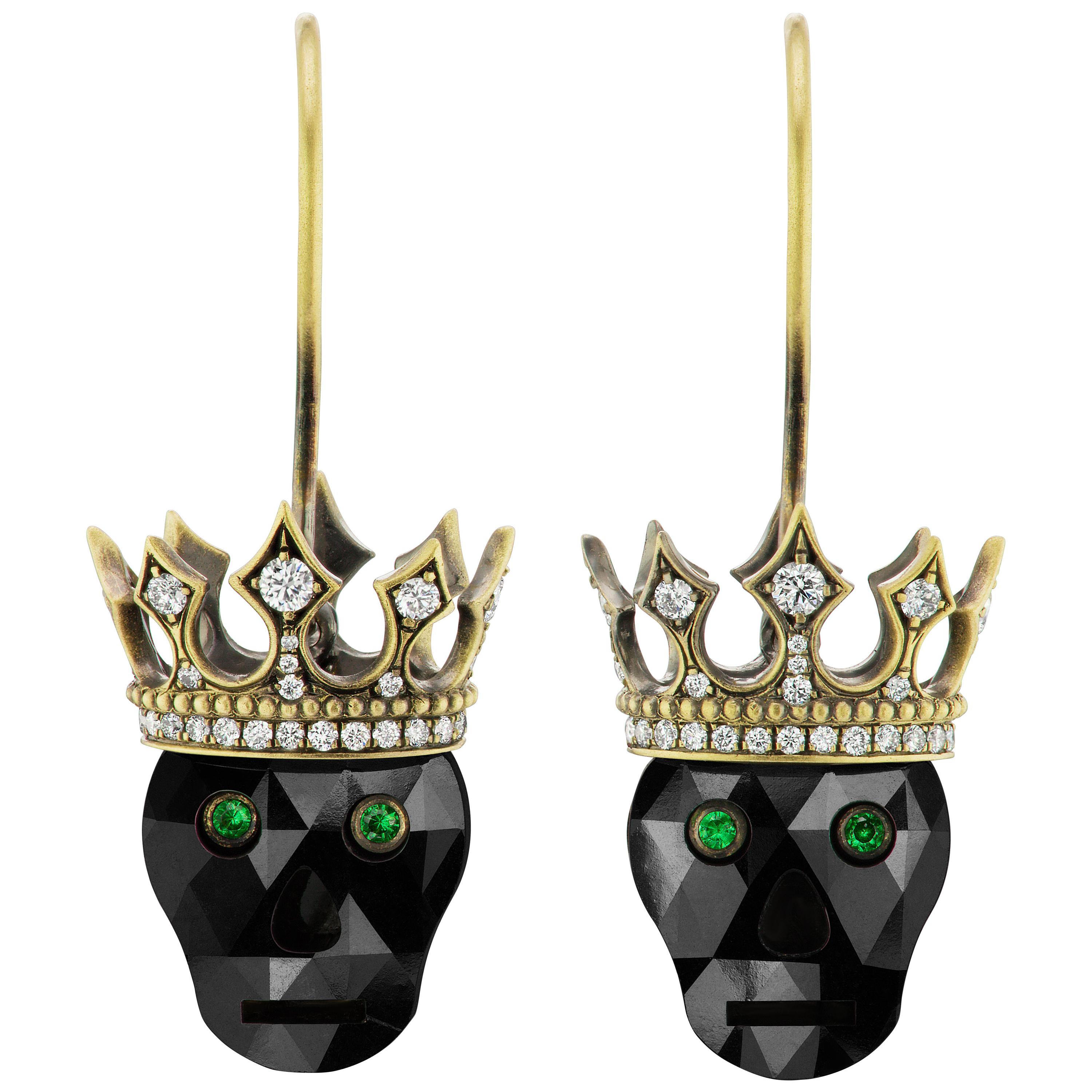 Wendy Brandes Memento Mori Black Diamond Skull Earrings With Crowns