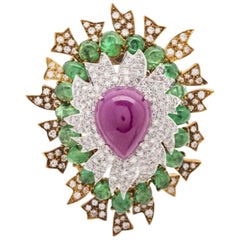Vintage Exquisite Ruby, Diamond and Emerald Brooch