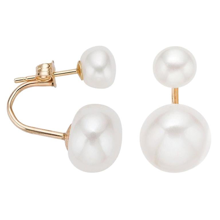AAA Quality Button Freshwater Pearl Curved Tribal Earrings on 14 Karat Gold For Sale