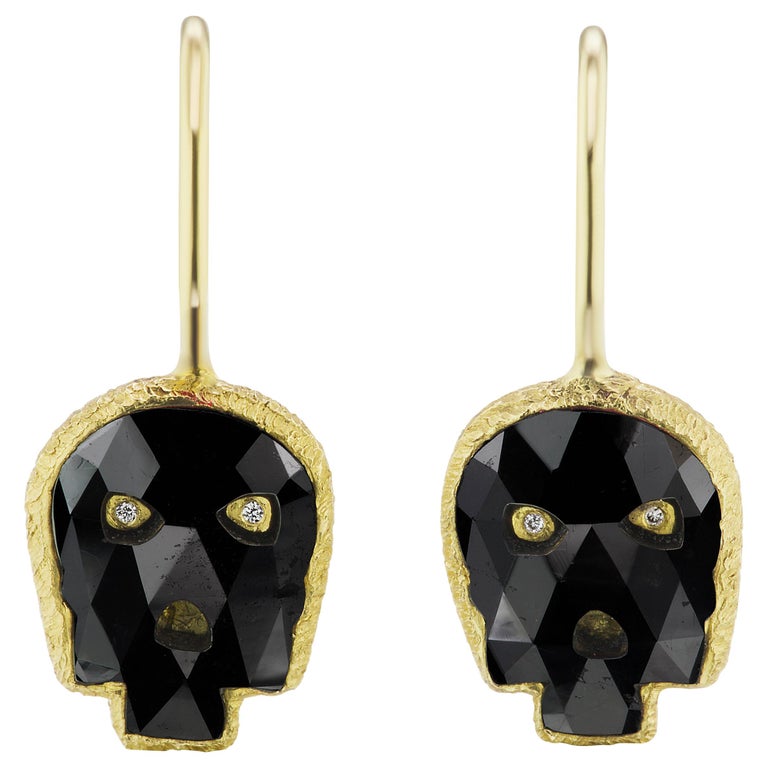 Wendy Brandes Fancy-Cut 2.54 Carat Black Diamond Skull Earrings  For Sale