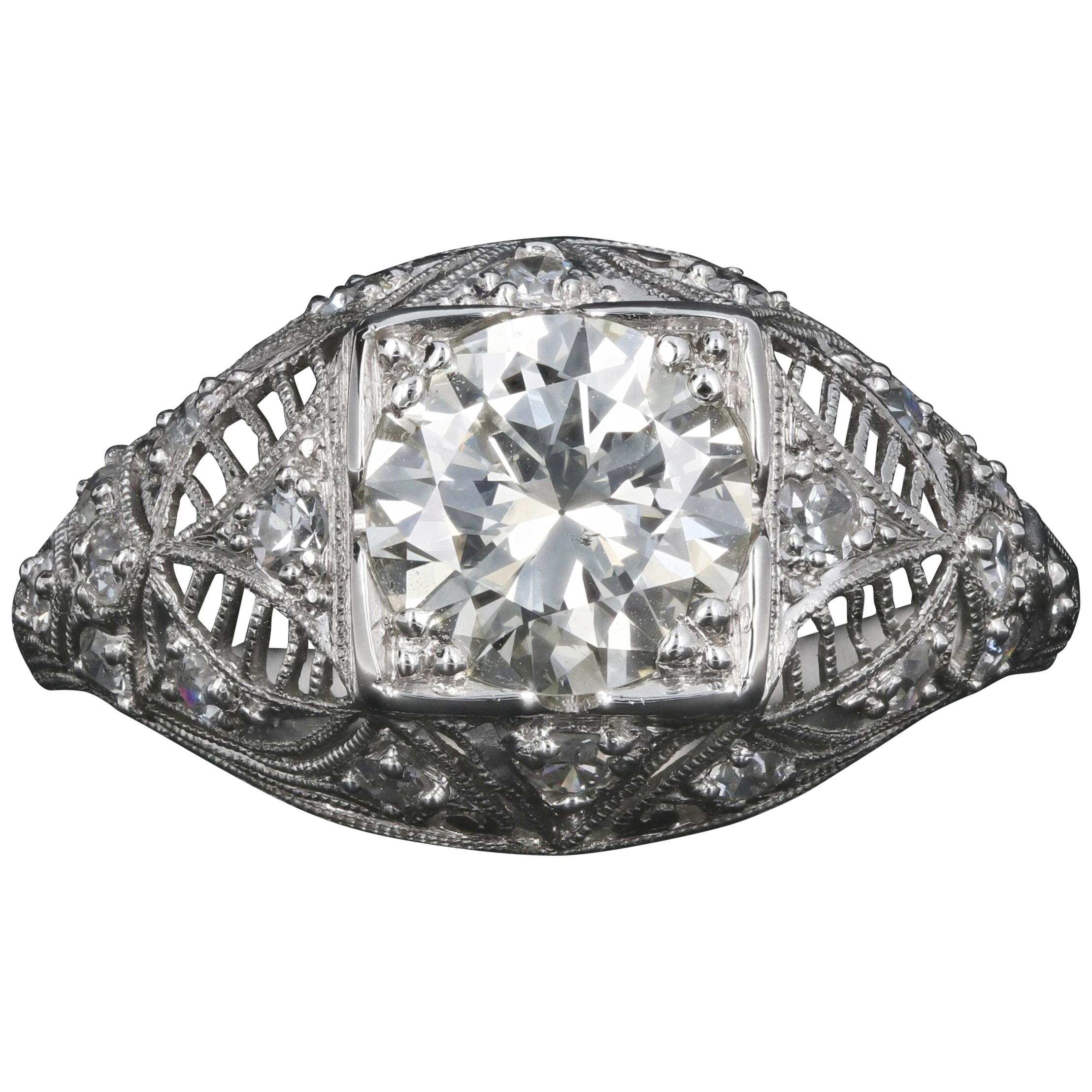 Art Deco Platinum 1.4 Carat Old European Diamond Engagement Ring