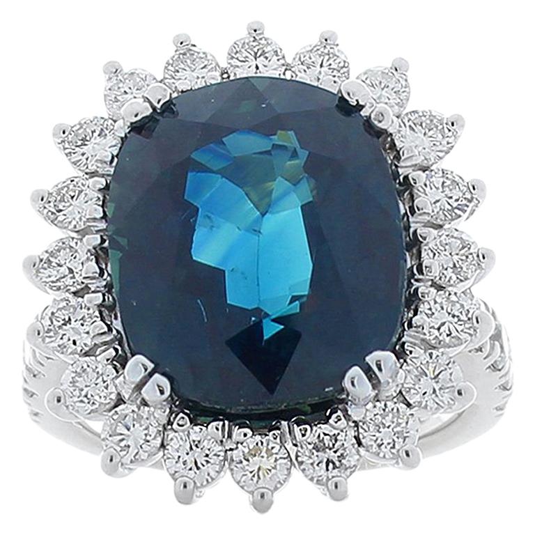 Gubelin Certified 11.23 Carat Cushion Blue Sapphire and Diamond Cocktail Ring