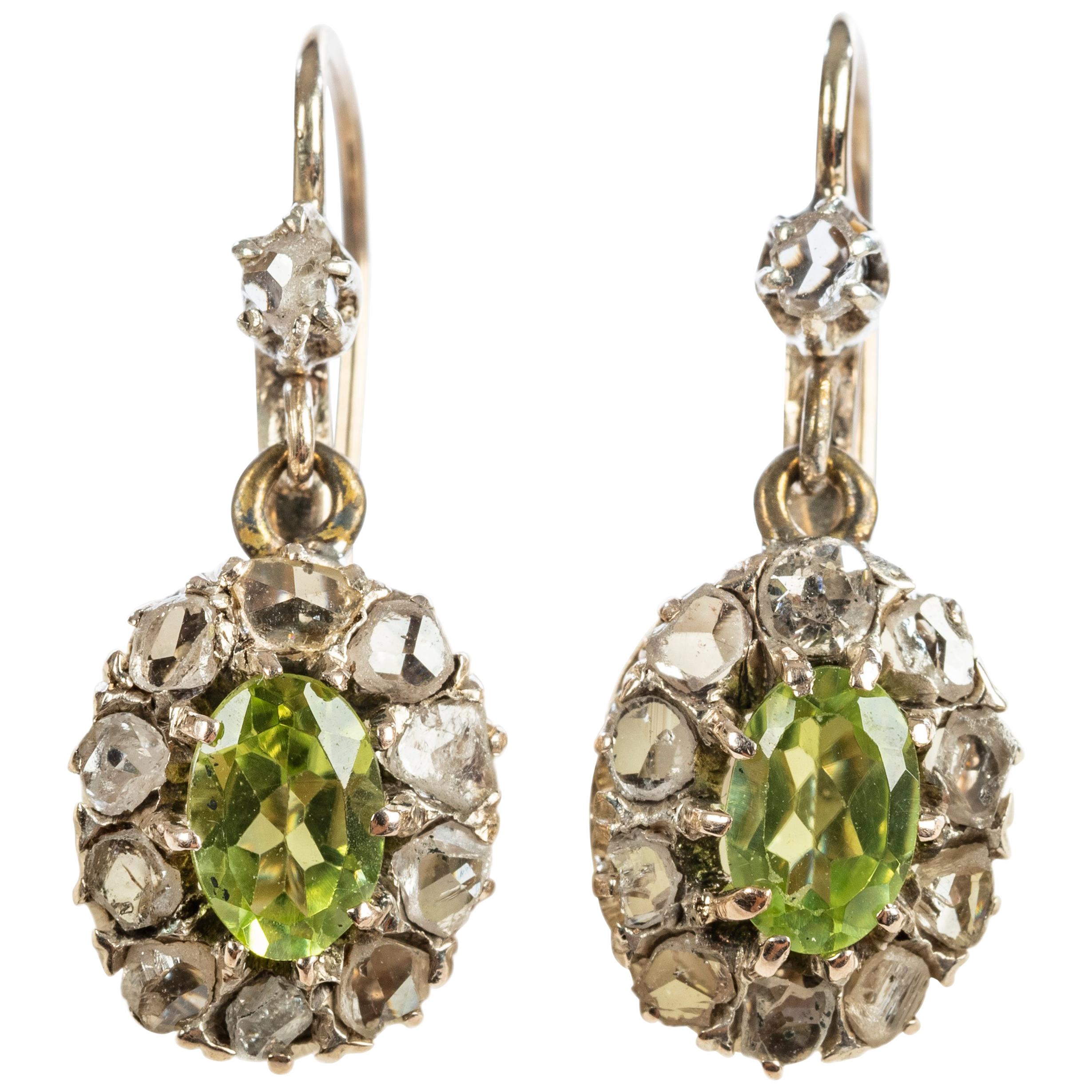 Peridot Diamond Cluster Earrings, 19th Century