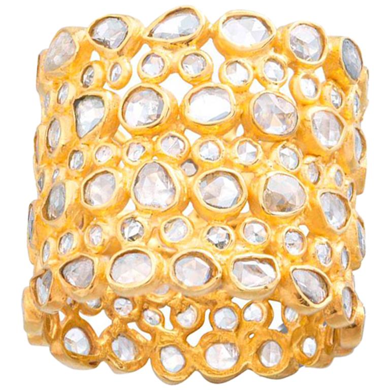 Rose Cut White Diamond Eternity 18 Karat Yellow Gold Band Ring For Sale