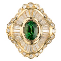 Retro GIA Certified 1.38 Carat Tsavorite Garnet Diamond Gold Cocktail Ring