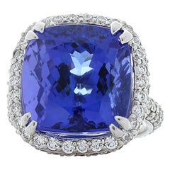 14.93 Carat Cushion Cut Tanzanite And Diamond Cocktail Ring In 18 K White Gold