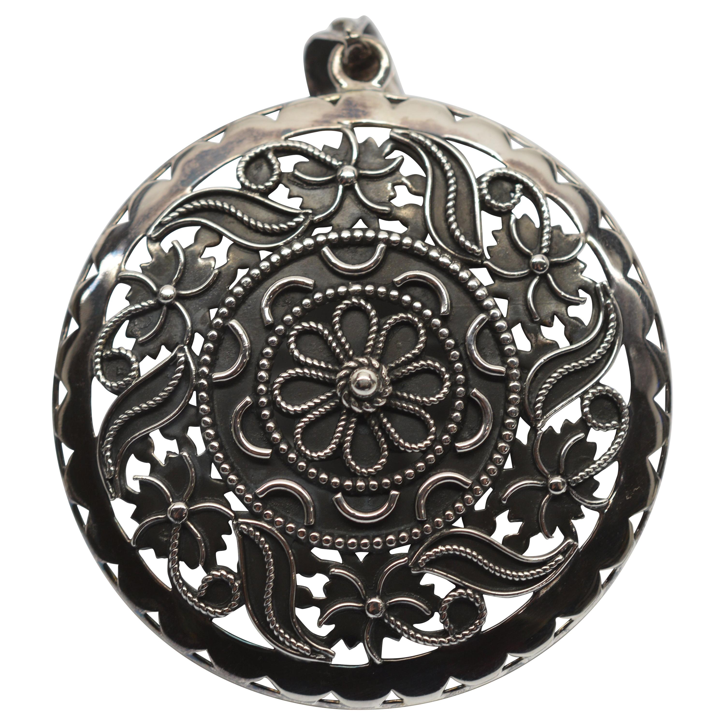 Ornate Sterling Silver Medallion Pendant For Sale
