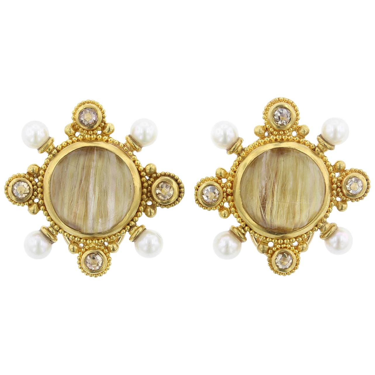 22 Karat Yellow Gold Rutilated Quartz, Cultured Pearl and Diamond Earrings For Sale