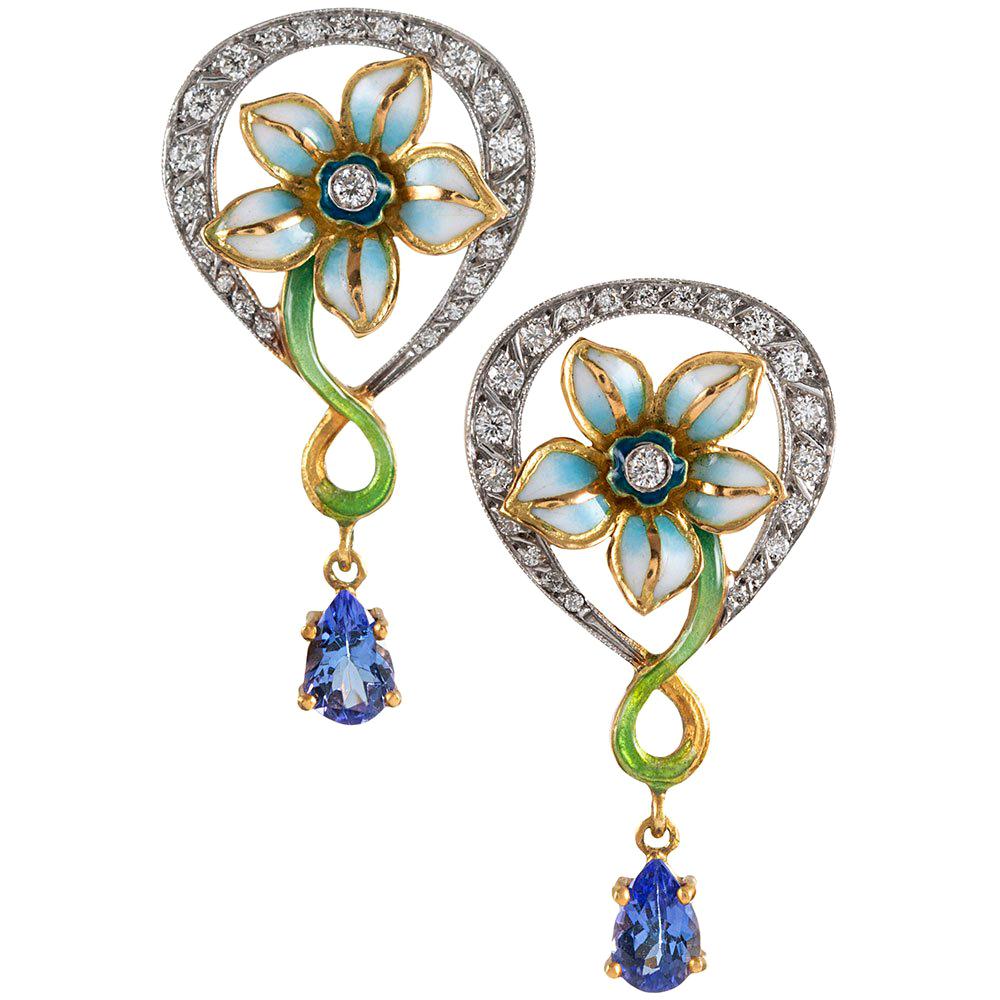 Masriera Sapphire, Enamel and Sapphire Earrings