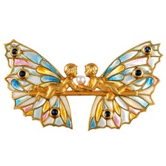 Pearl, Enamel and Sapphire Fairy Motif Pin or Pendant, Signed Masriera
