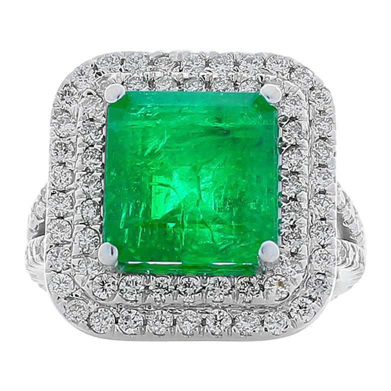 5.30 Carat Emerald Cut Emerald and Diamond Cocktail Ring in 18 Karat White Gold