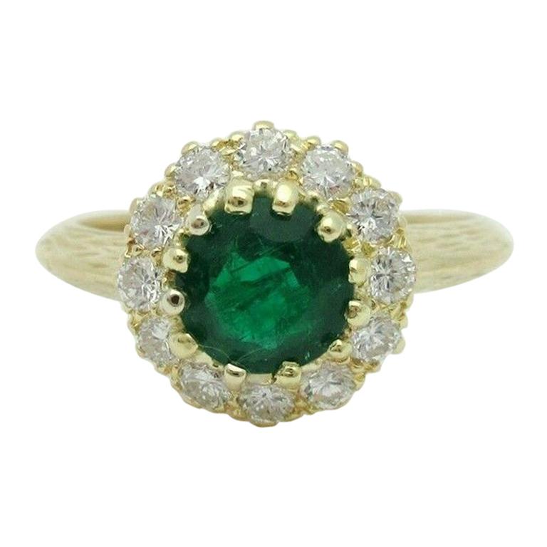 Midcentury Emerald and Diamond Cluster Ring 18 Karat Yellow Gold