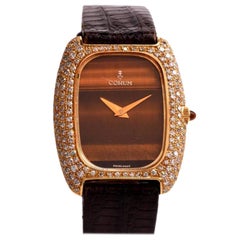 Retro Corum Yellow Gold Diamond Tiger Eye Dial Mechanical Wristwatch