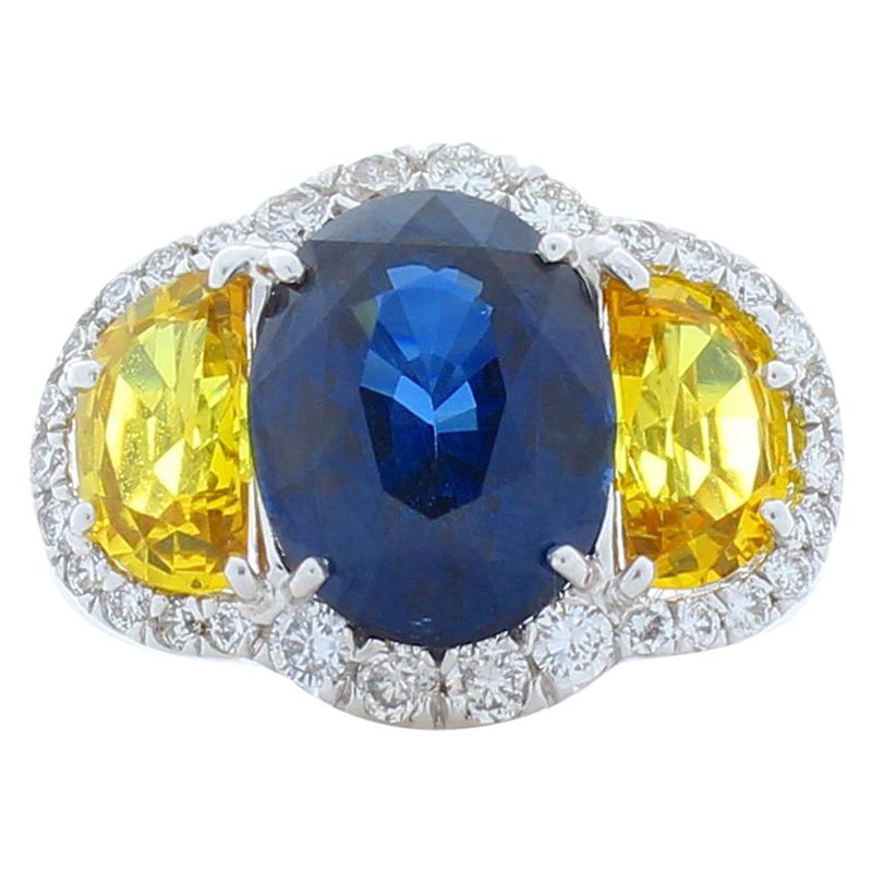 GIA Certified 4.75 Carat Oval Blue Sapphire, Yellow Sapphire & Diamond Gold Ring 