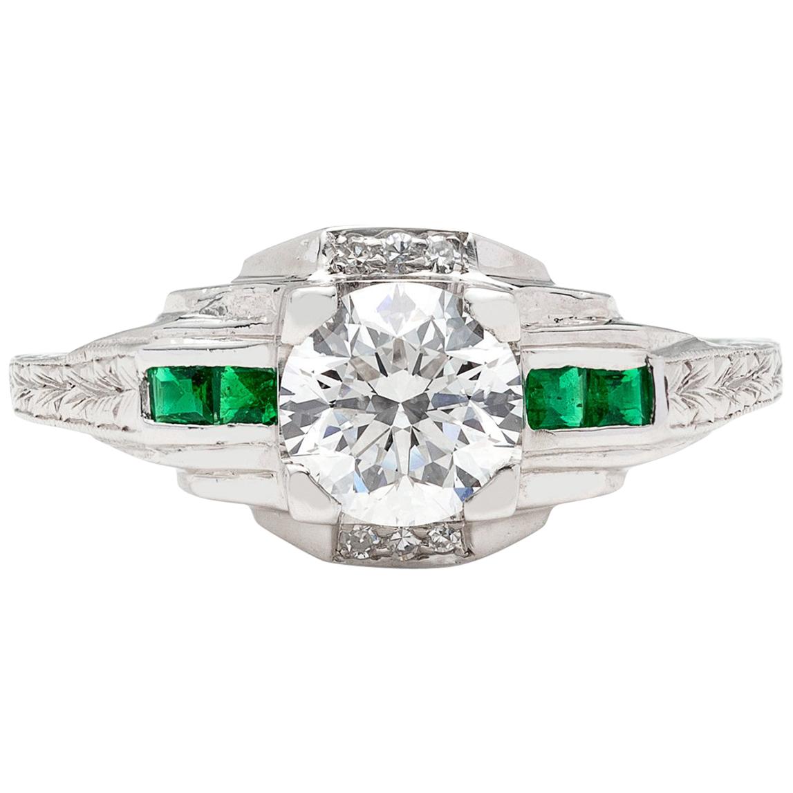 0.90 Carat F/SI1 Diamond and Emerald Engagement Ring