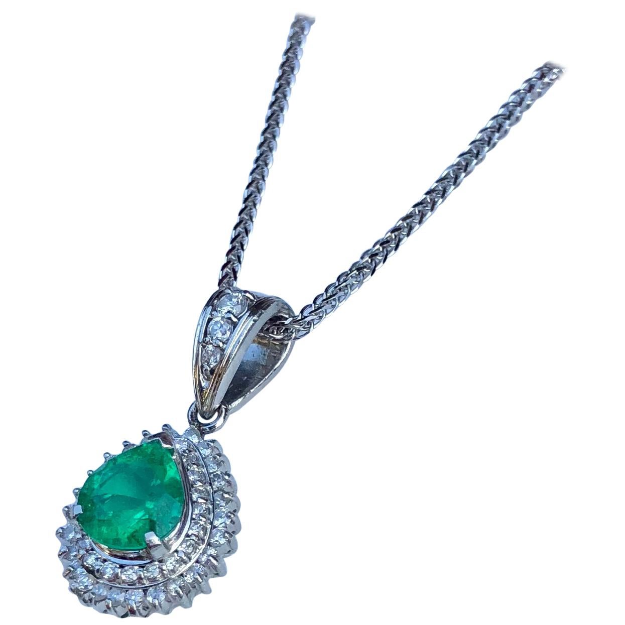 GIA Certified 2 Carat Colombian Emerald and Diamond Platinum Pendant on Chain For Sale