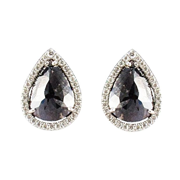 7.21 Carat Total Pear Shape Black Diamond Fancy Stud Earrings in 14 Karat Gold