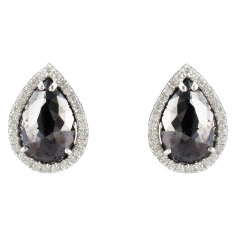 8.15 Carat Total Pear Shape Black Diamond Stud Earrings in 14 Karat White Gold