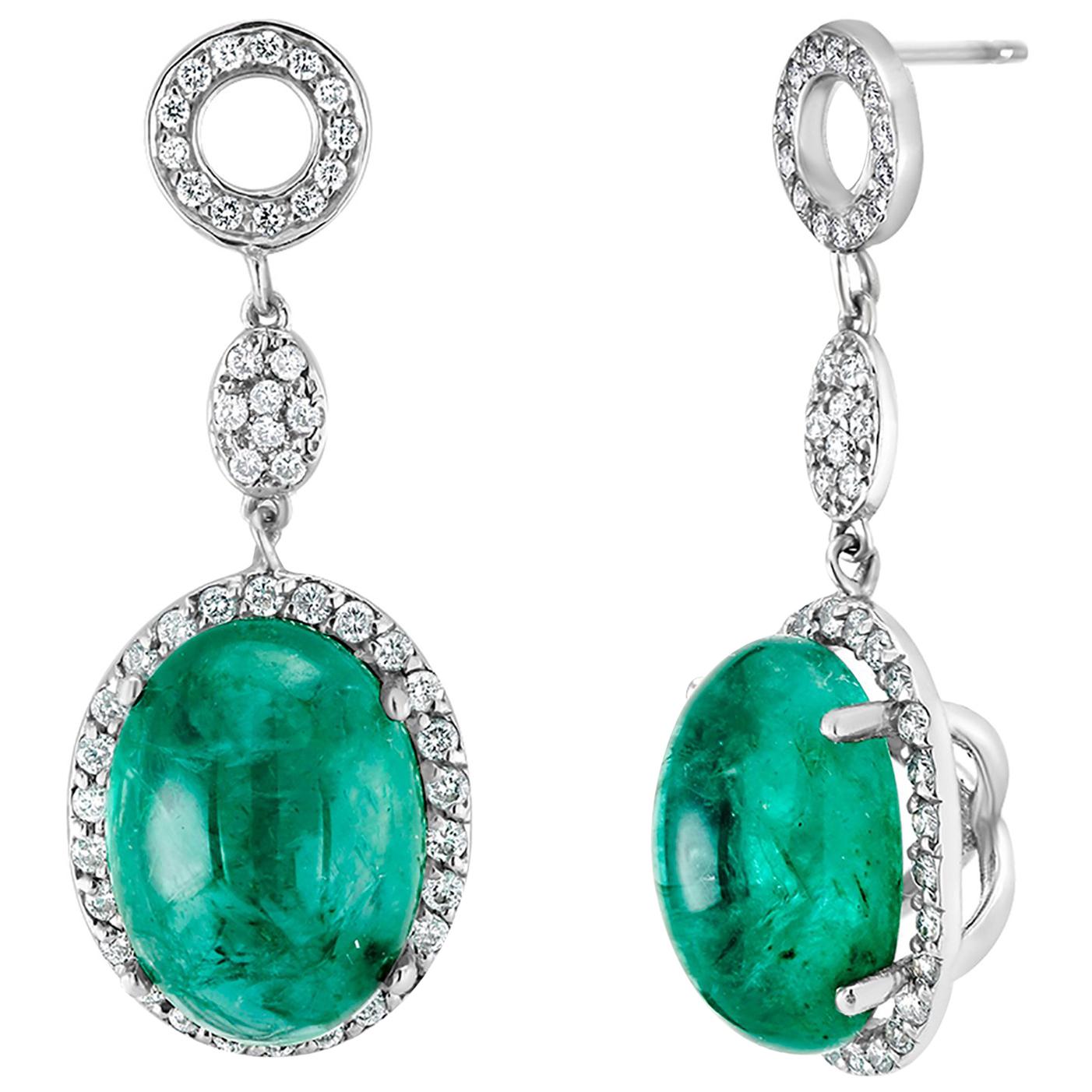 Cabochon Emerald and Diamond Drop White Gold Earrings Weighing 14.21 Carat