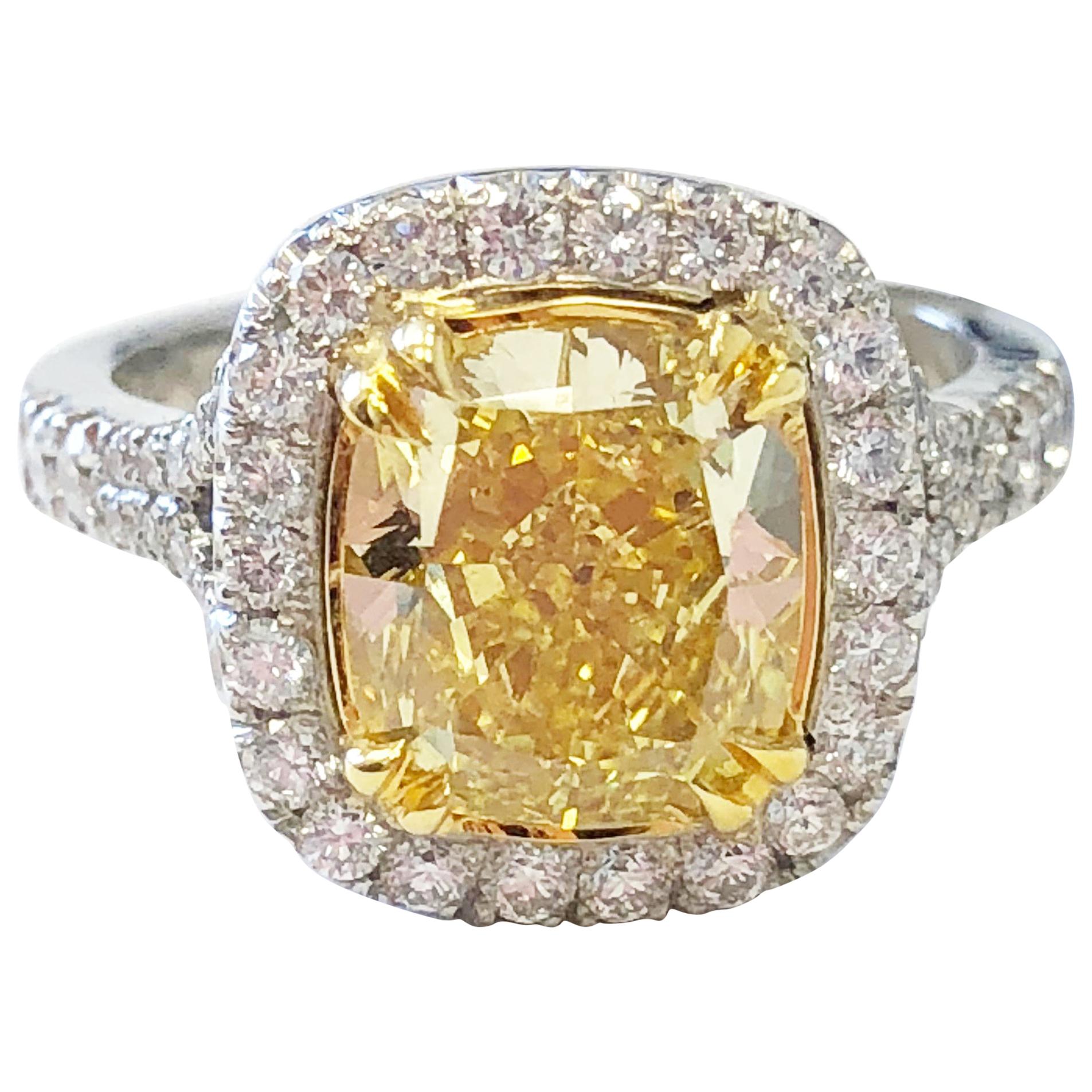 GIA Fancy Vivid Yellow Cushion Diamond Engagement Ring in Platinum and 18 Karat