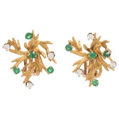 Vintage Naturalistic Earrings Diamond Emerald 14 Karat Gold Estate Jewelry